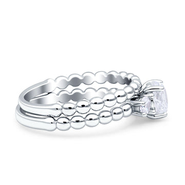 Three Stone Two Piece Bridal Wedding Beaded Ring Round Cubic Zirconia 925 Sterling Silver Wholesale